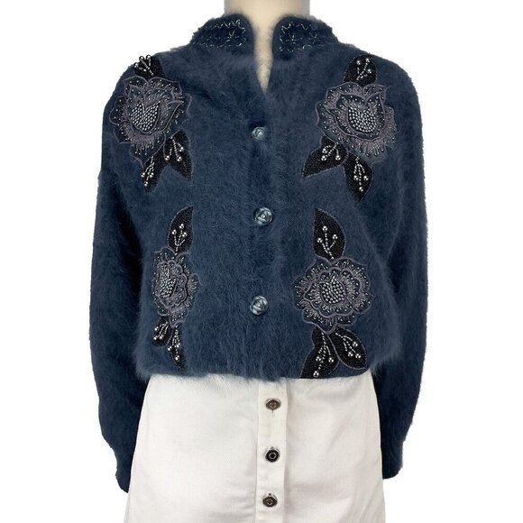 VINTAGE Incredible Angora Fluffy Embellished Floral Beaded Grandma Cardigan S-M - Picture 4 of 7
